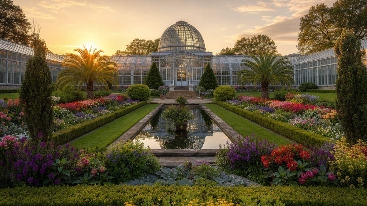 A conservatory garden with geometric plant beds and a central water feature surrounded by colorful flowers and hedges.