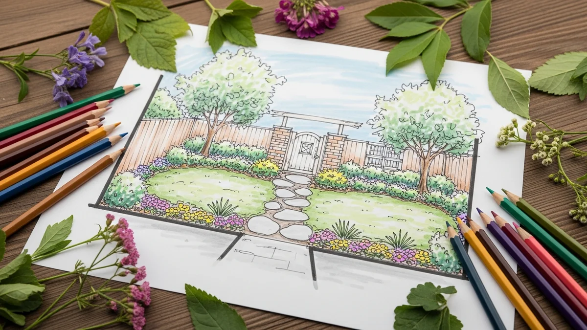 A hand-drawn sketch of a front yard landscape design with coloring materials