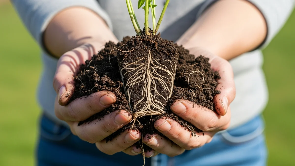 Hands holding rich garden soil with healthy roots