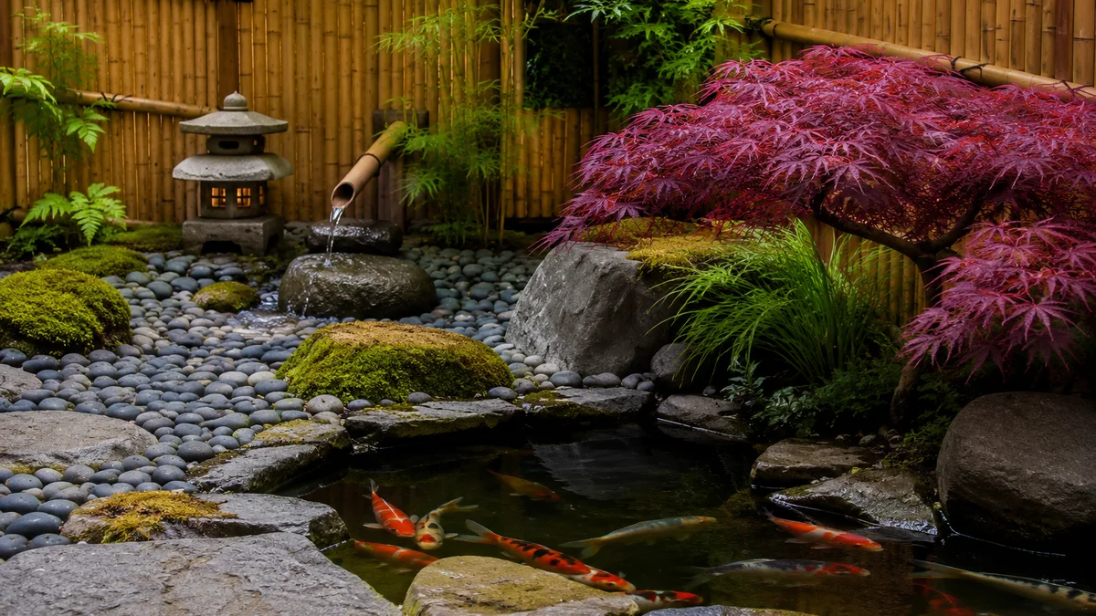 A tranquil zen garden with a koi pond and bamboo fencing
