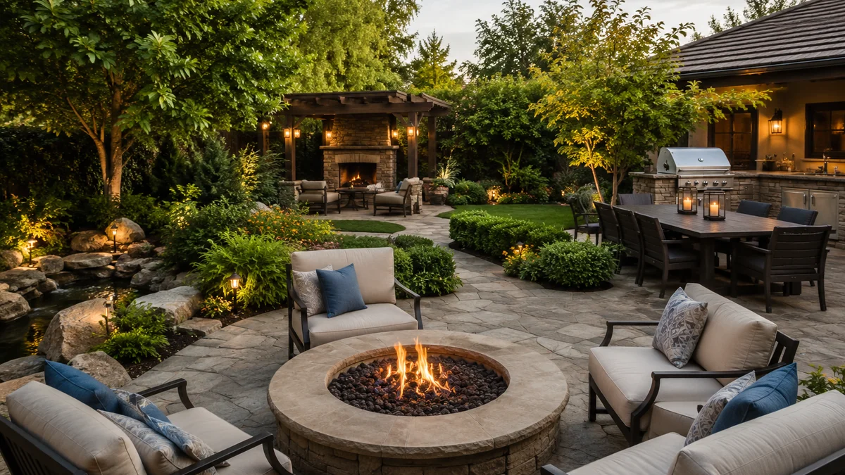 A multifunctional backyard with a dining area and fire pit