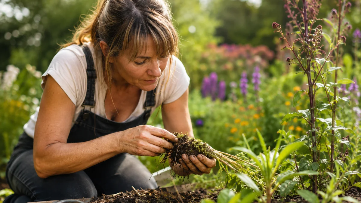 A person assessing garden soil and plant health