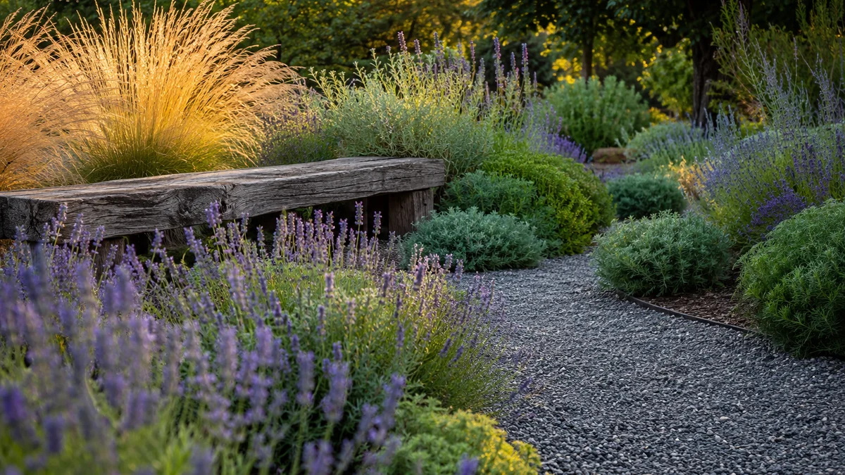 A sustainable garden with native plants and a gravel path