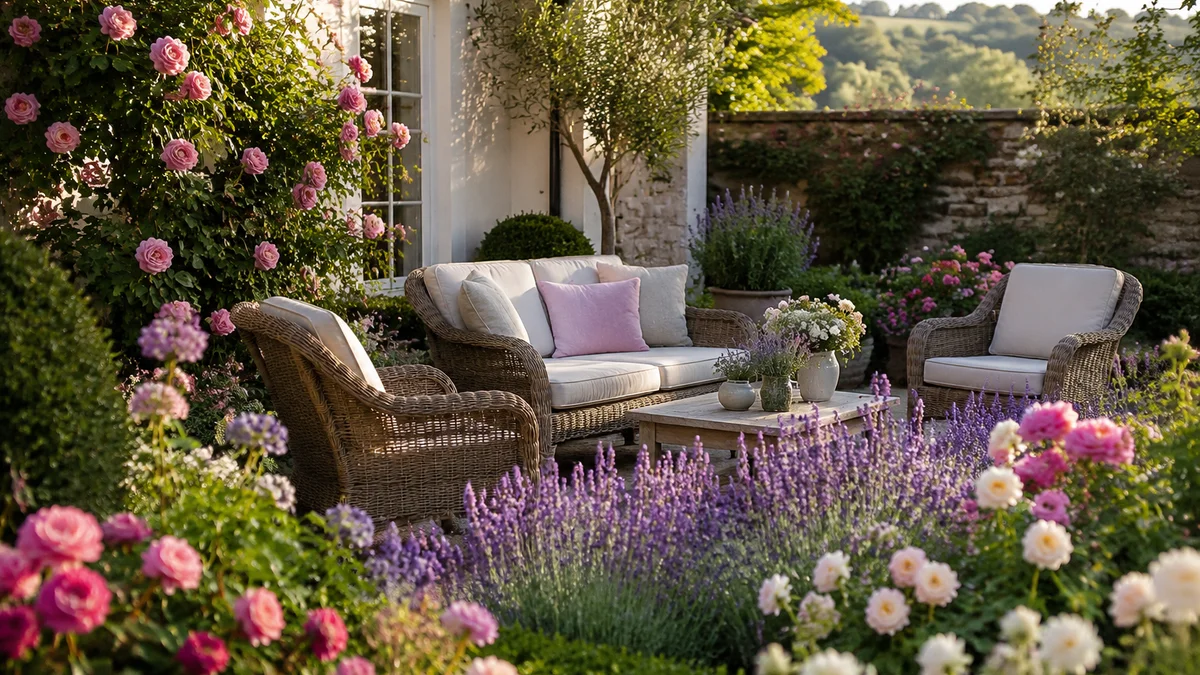 Cozy outdoor seating area with vibrant flower garden