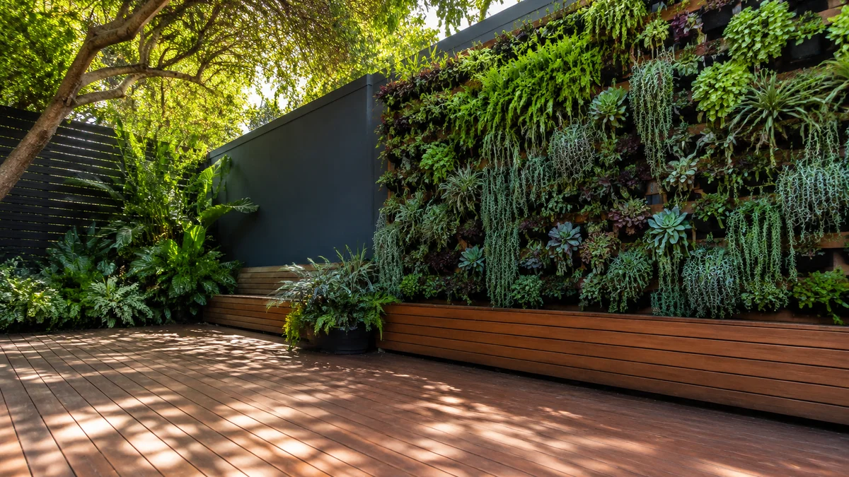Vertical garden on a sustainable deck in a modern backyard