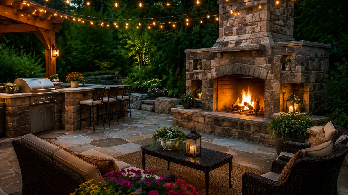 Rustic stone patio with kitchen and fireplace under string lights