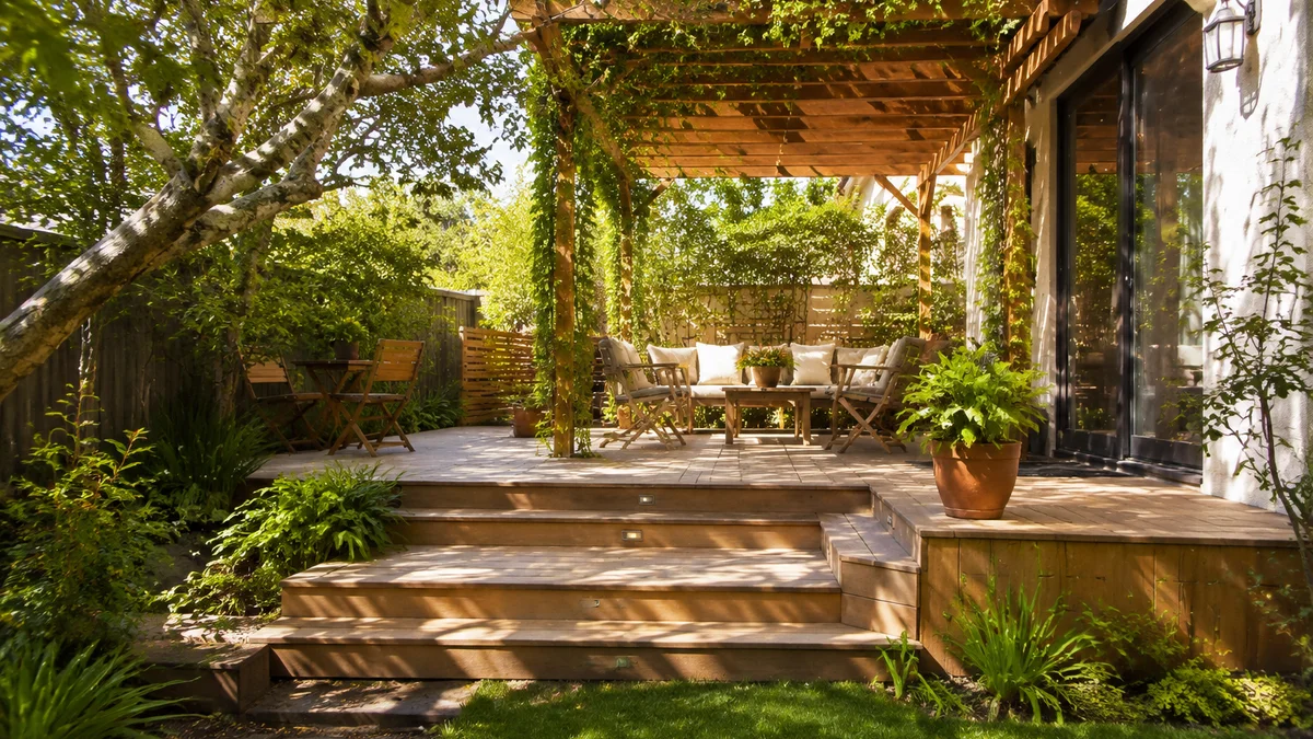 Small backyard with multi-level deck and pergola