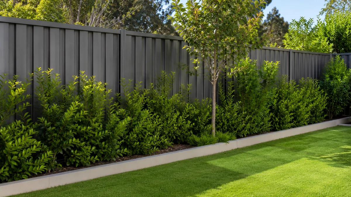 Modern metal panel fence with green hedging