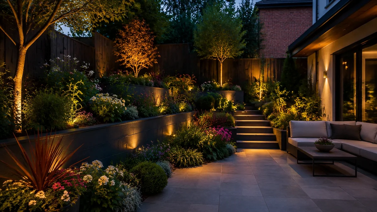 Small backyard with tiered planters and evening lighting