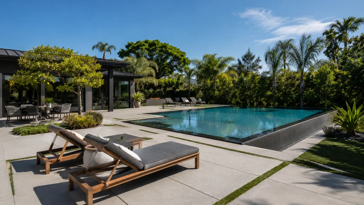 Contemporary backyard with infinity pool and concrete pavers