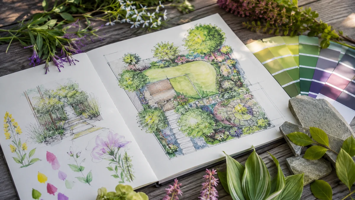 Gardener's sketchbook with backyard design and plant samples