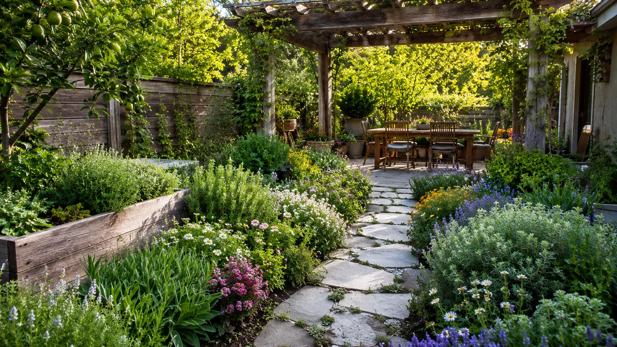 Backyard with reclaimed wood pergola and garden beds