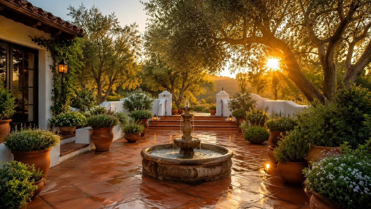 Mediterranean backyard with terracotta tiles and olive trees