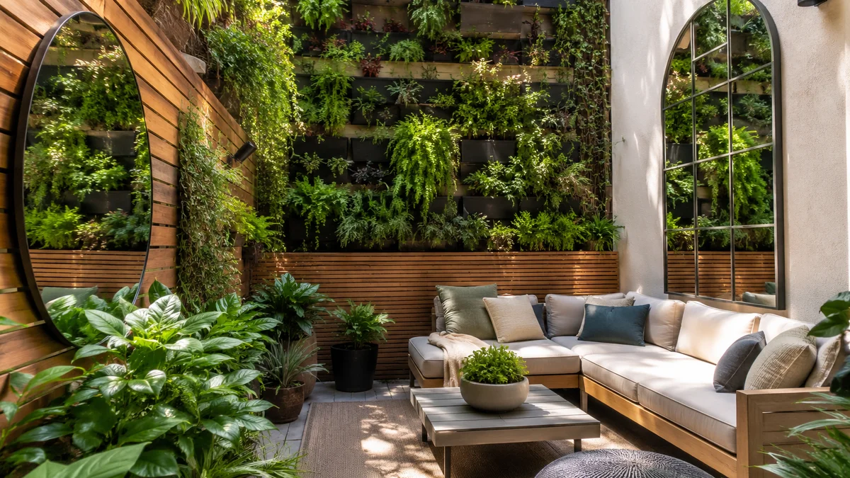 Small backyard with vertical garden and space-enhancing mirrors