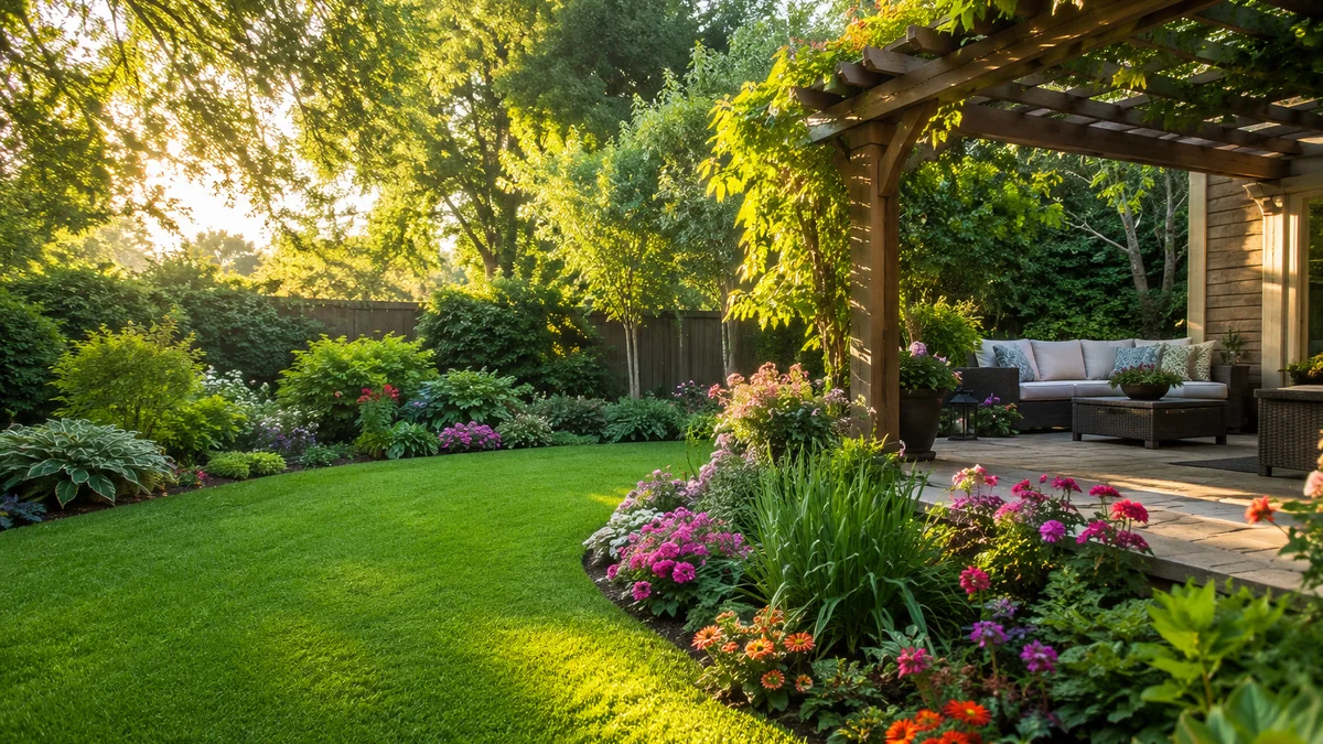 Inviting backyard with lawn, flower beds, and seating under a pergola