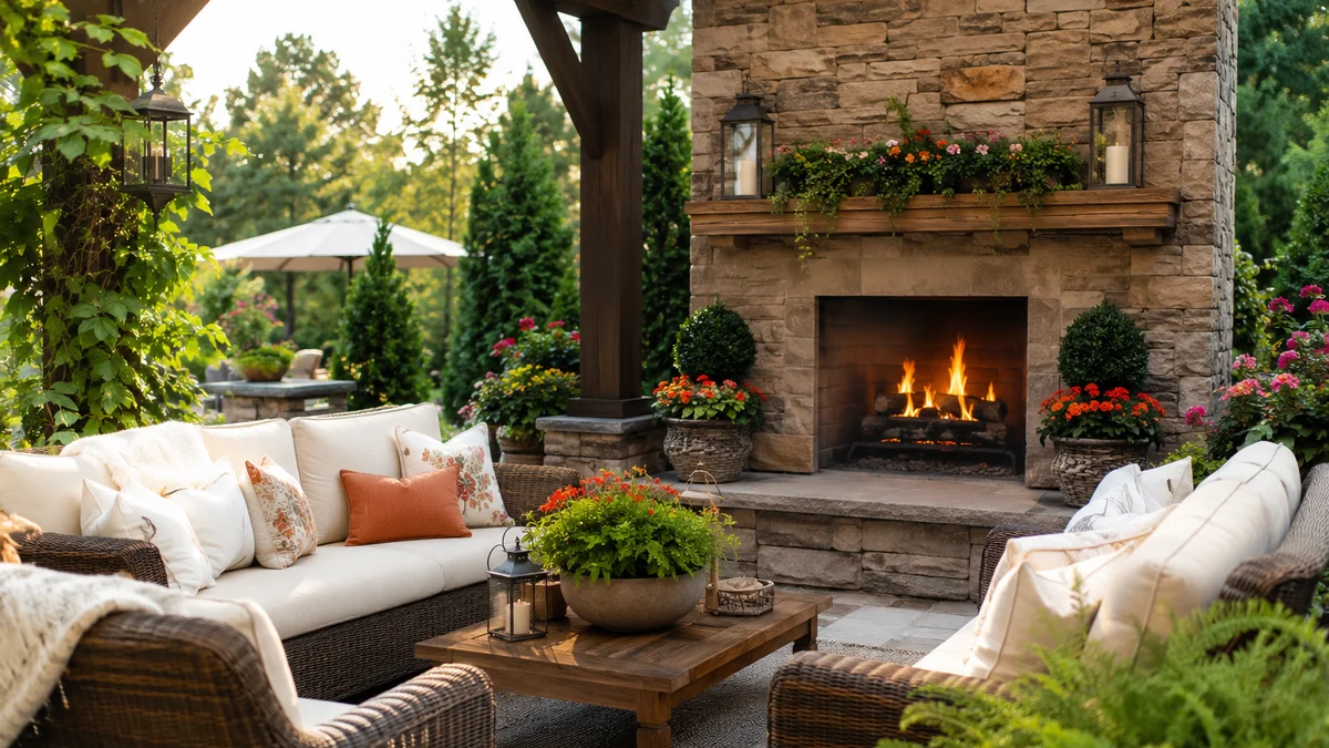Outdoor living room with seating, fireplace, and a TV surrounded by plants