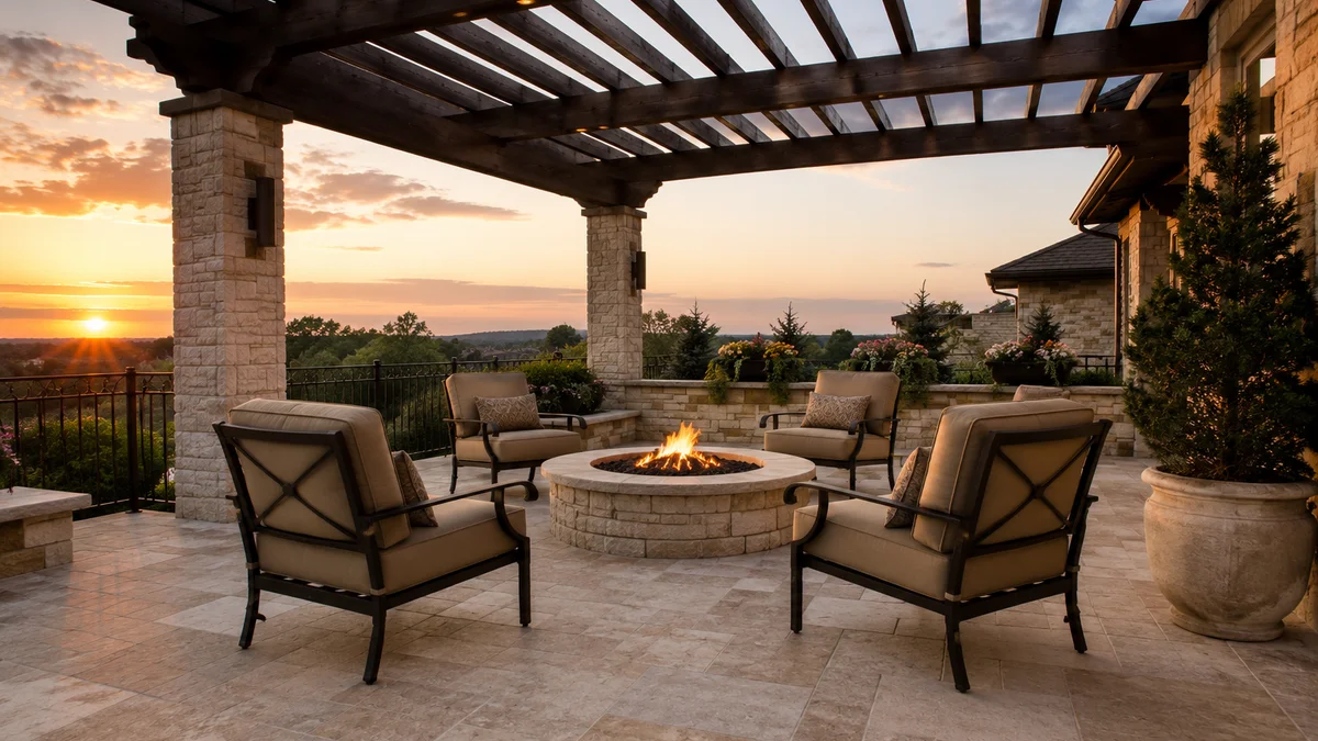 Patio with travertine tiles, pergola, and fire pit in evening light