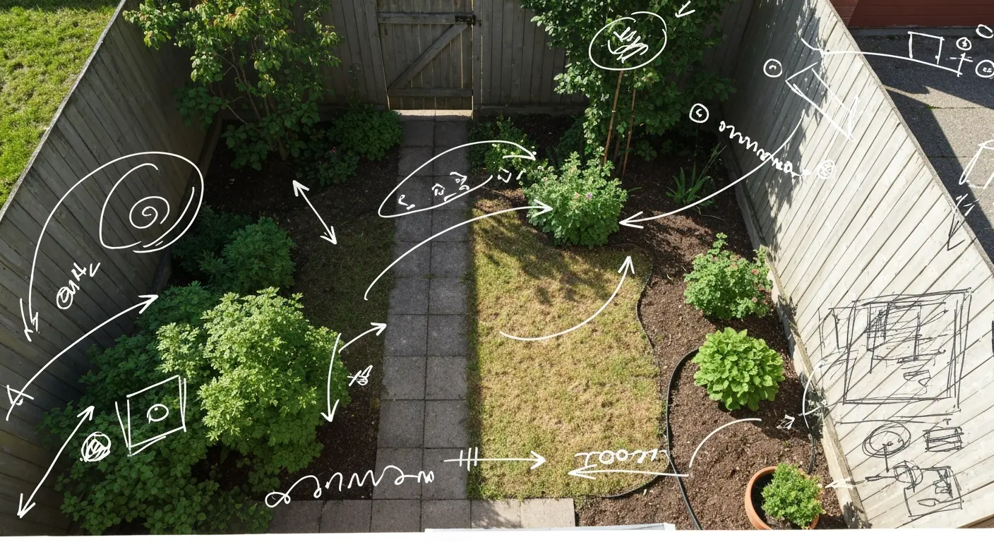 A small backyard with annotations showing sunlight direction and soil type analysis.