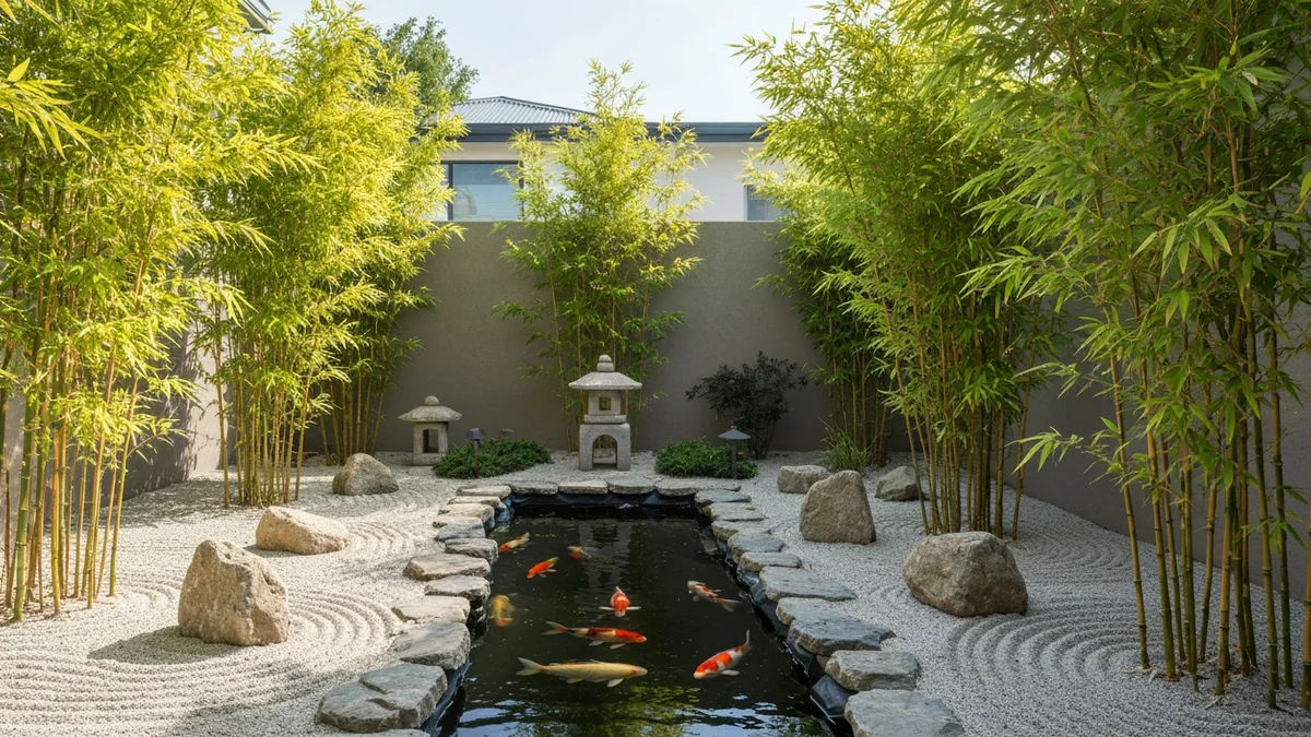 A zen-themed backyard with a rock garden, koi pond, and bamboo plants creating a tranquil atmosphere.