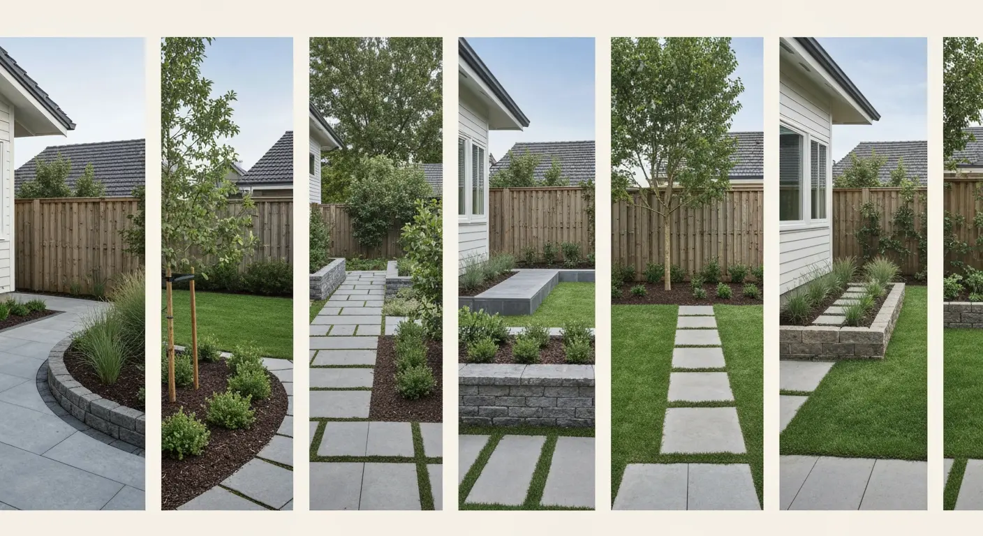 A digital screen displaying various backyard design transformations using visualization software.
