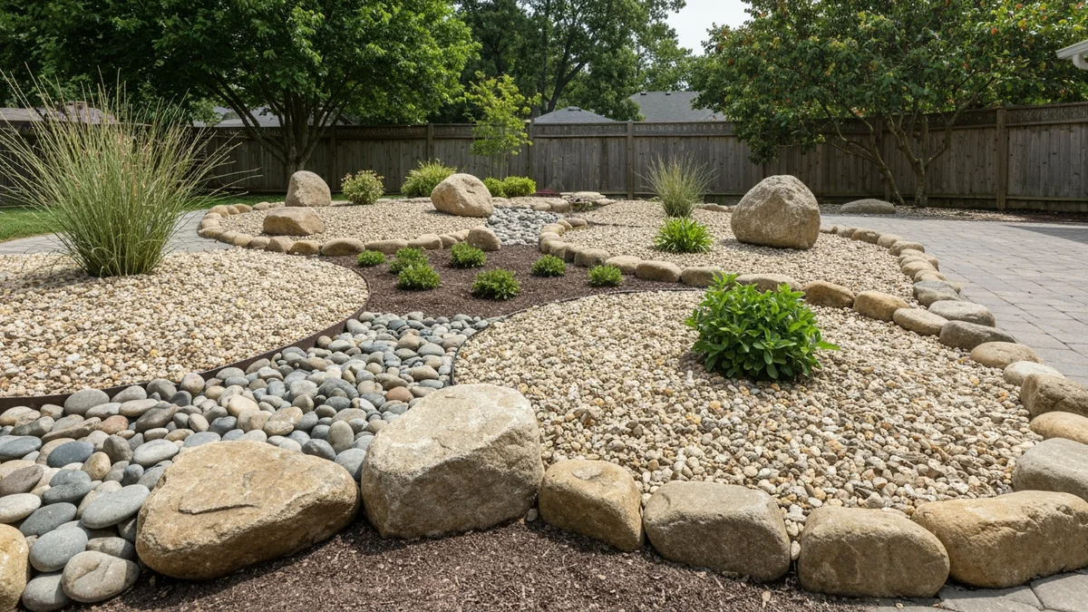 A backyard rock garden with smooth pebbles, boulders, and natural stone edging for a defined look.