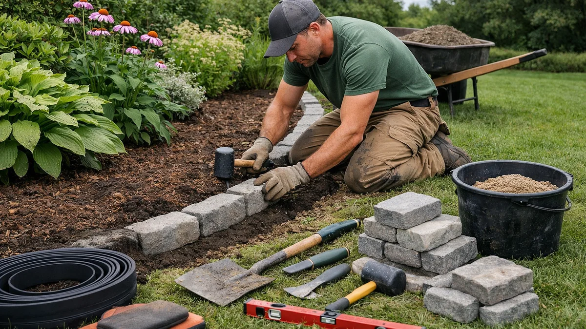 Professional landscaper installing stone edging in a garden