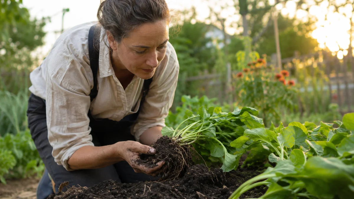 Gardener examining rich garden soil and healthy plants