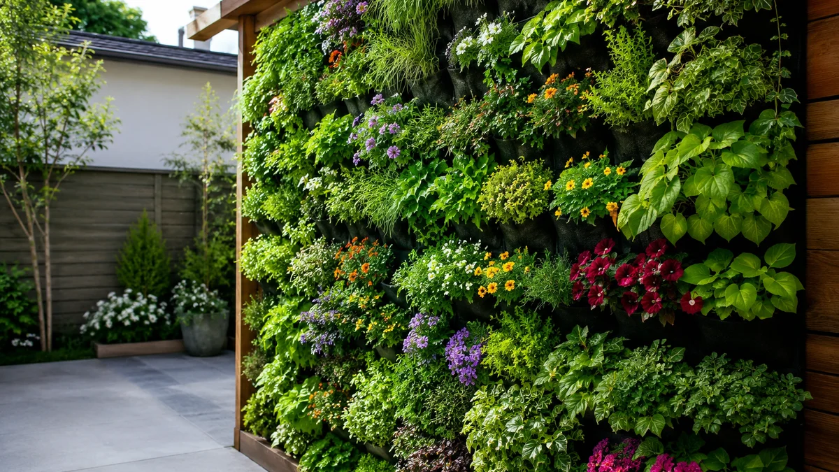 Vertical garden wall with lush plants in a small backyard