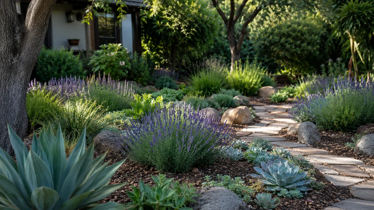 Xeriscaped garden with succulents and lavender