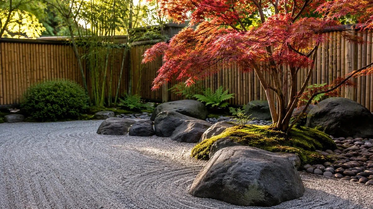 Zen garden with raked gravel and Japanese maple