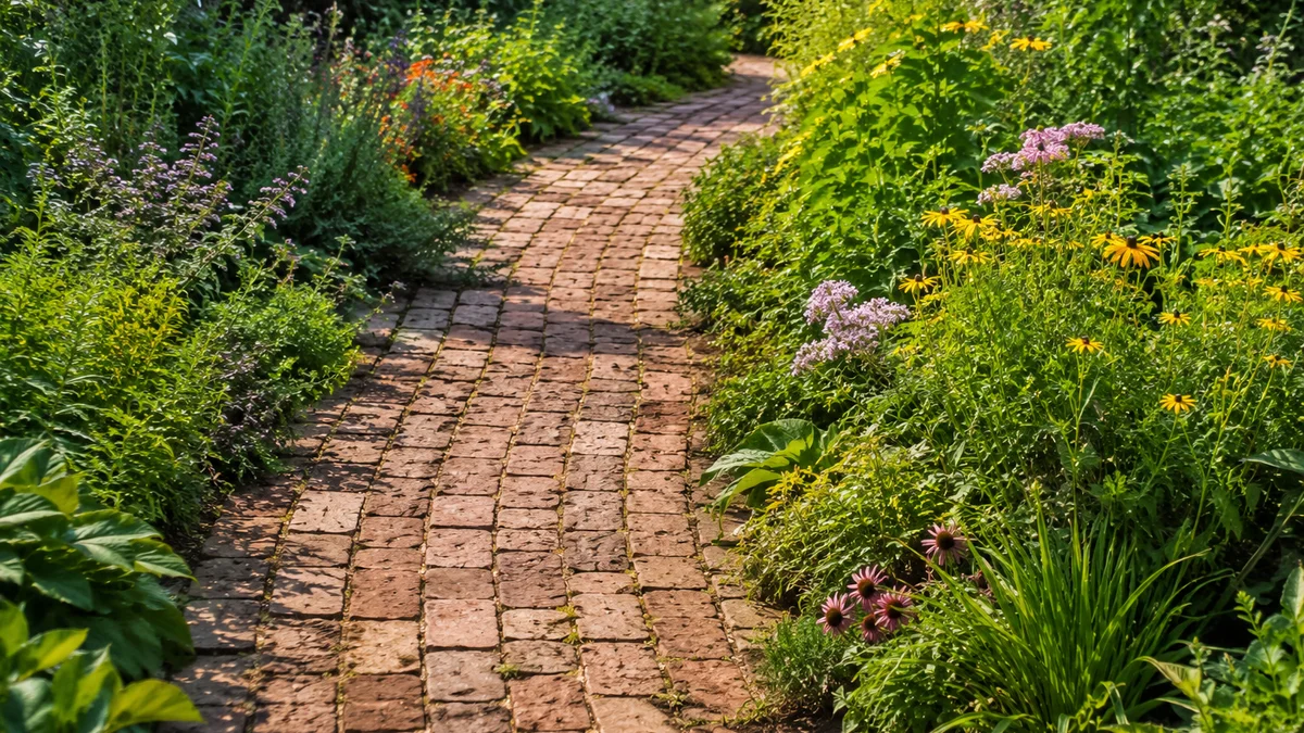 Rustic garden pathway made from reclaimed bricks