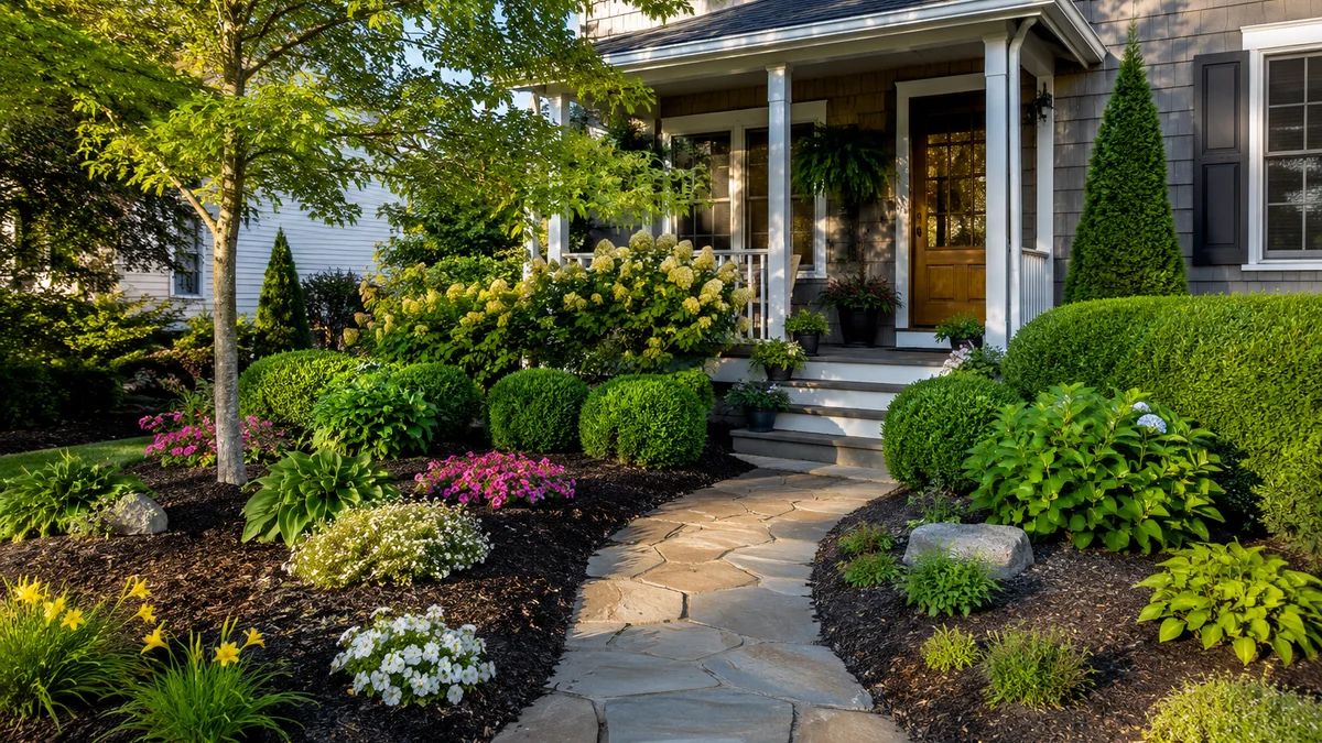 Front yard with fresh mulch and vibrant flower beds