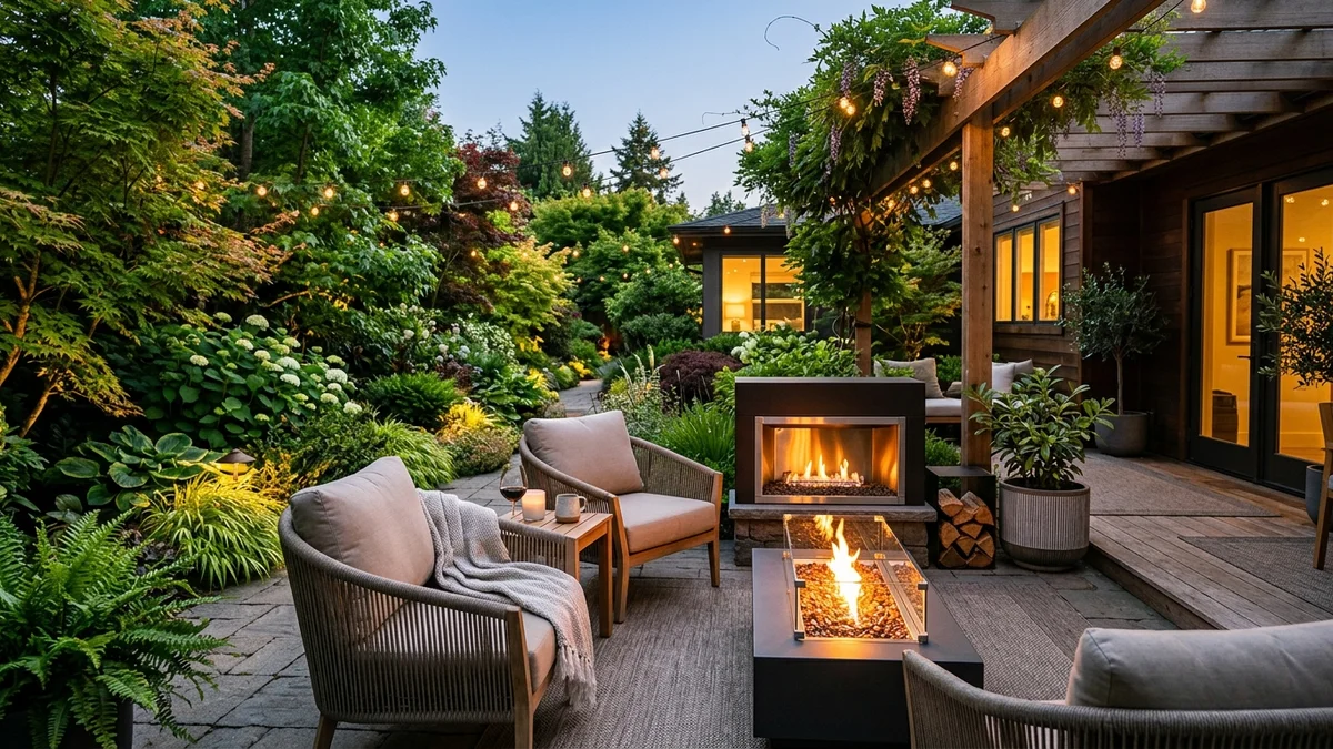 Cozy modern patio with elegant furniture and decorative plants