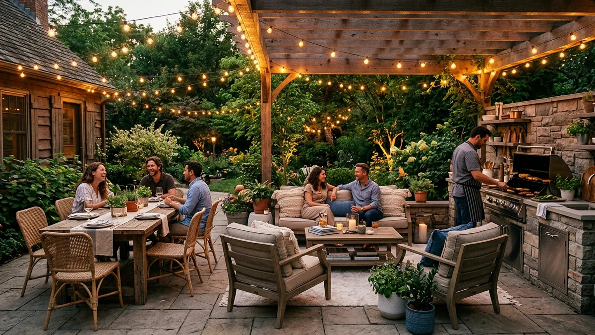 Multi-functional patio with dining, lounging, and kitchen zones