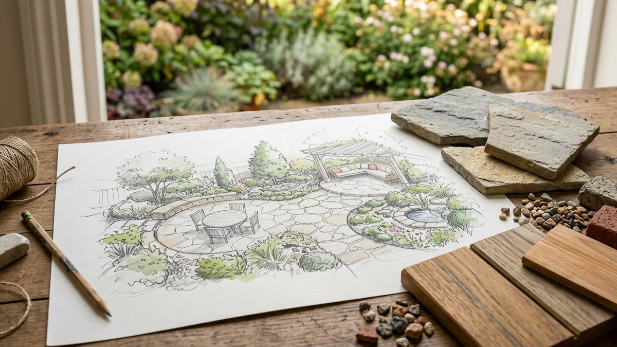 Hand-drawn patio layout sketch with material samples