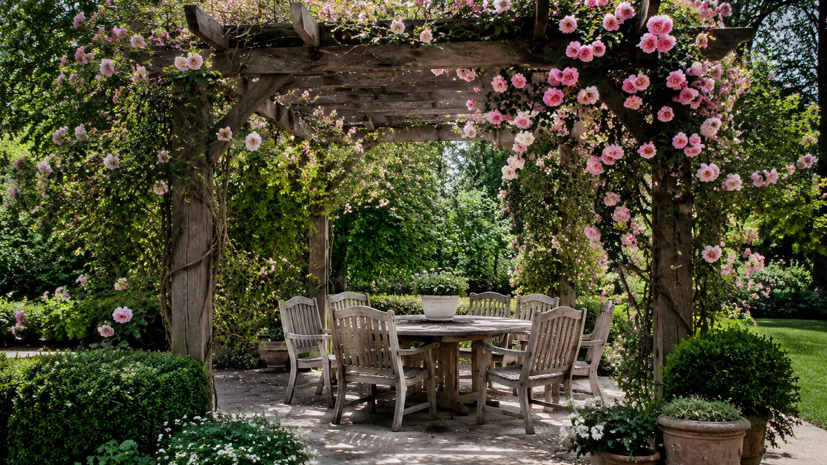 A classic wooden pergola adorned with climbing roses.