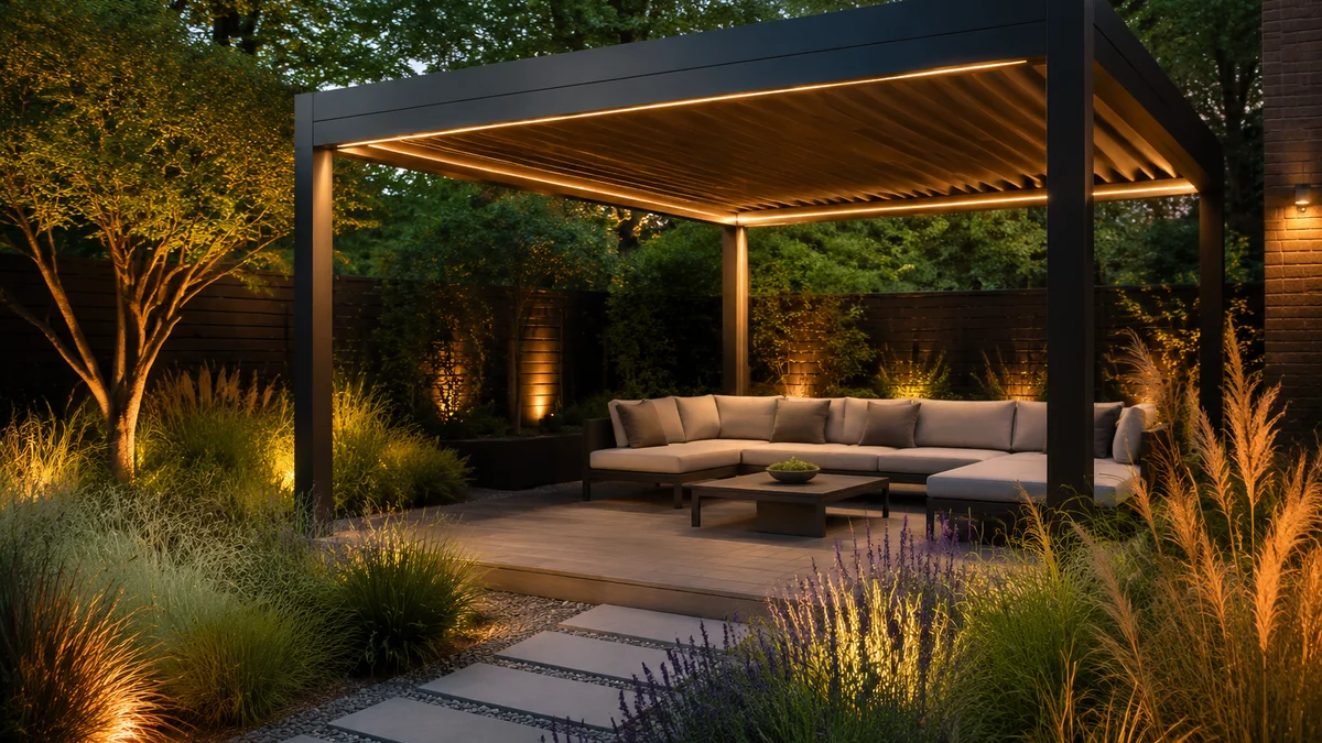 Modern pergola with integrated LED lighting for a chic look.