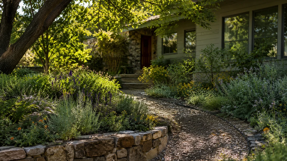 Front yard with native plants and a gravel path