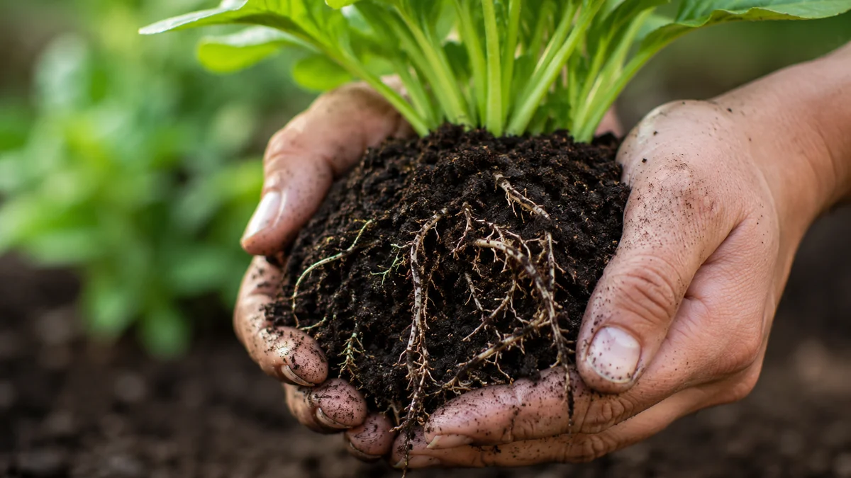 Hands holding garden soil with visible roots