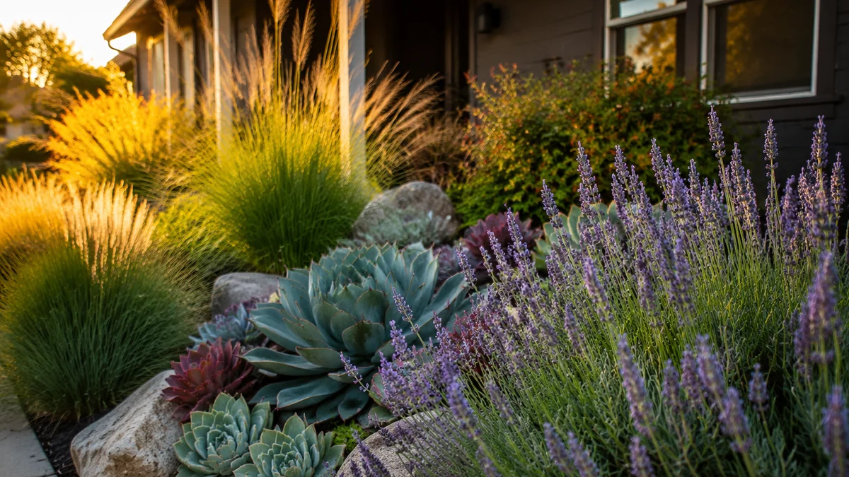Lavender and succulents in a front yard during golden hour