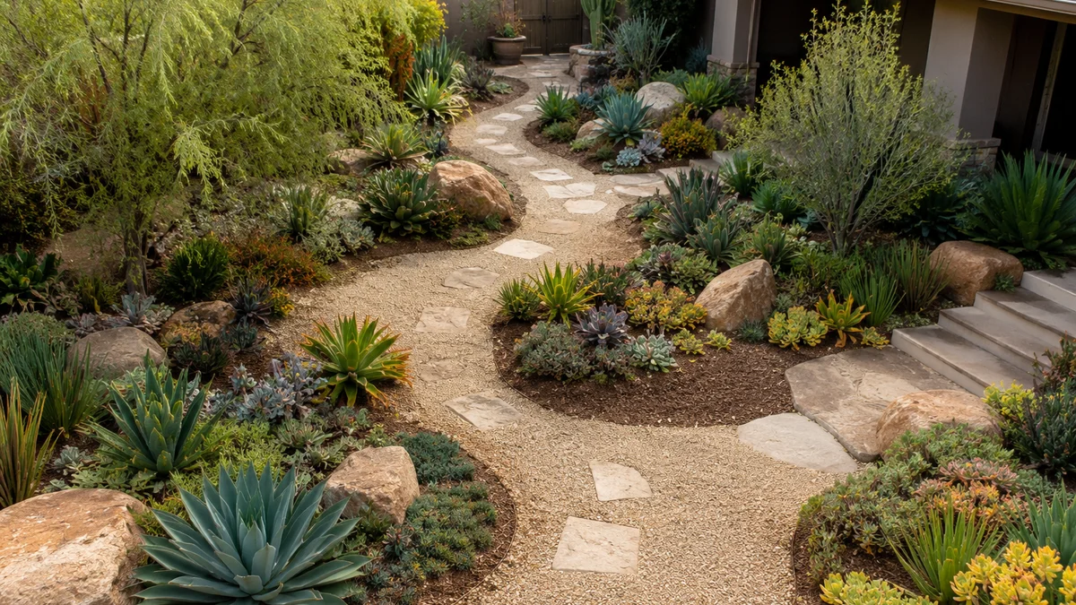 Desert-inspired front yard with succulents and gravel paths