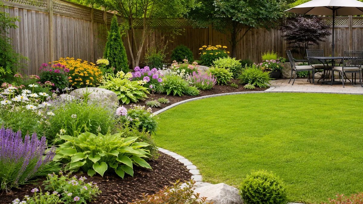 Low maintenance backyard with colorful perennials and mulch.