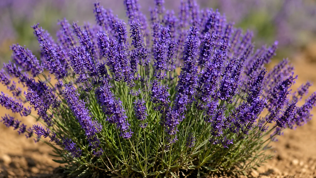 Close-up of a thriving lavender plant in dry soil.