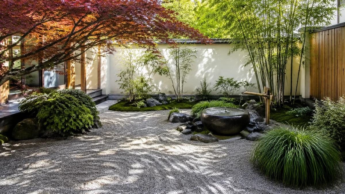 A minimalist zen garden with raked gravel and bamboo plants.