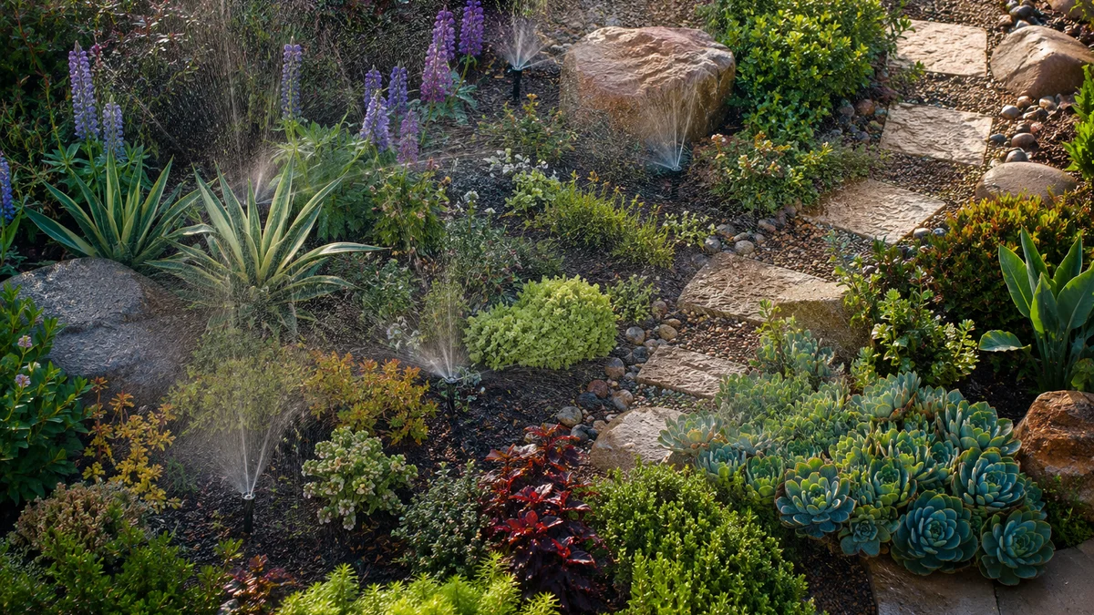 Bird's eye view of a garden with an automatic irrigation system.