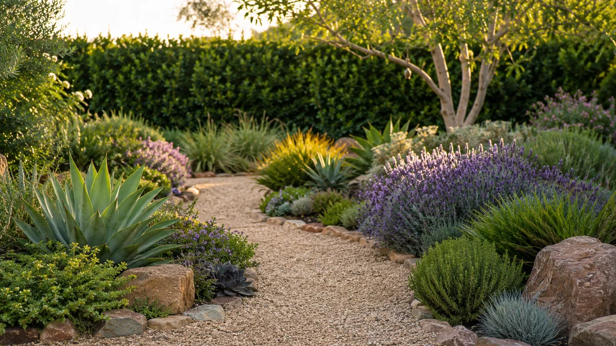 Low maintenance garden with succulents and lavender under dappled sunlight