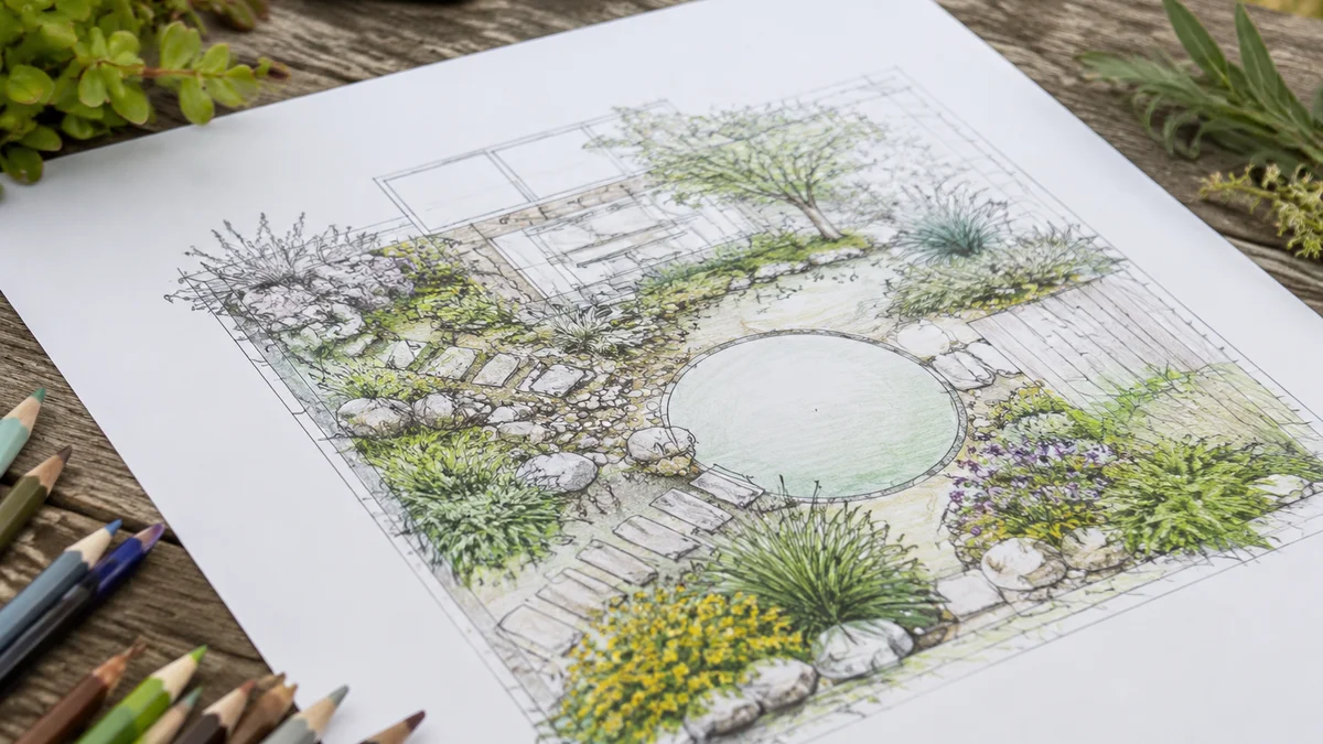 Hand-drawn garden sketch with native plants and stone paths