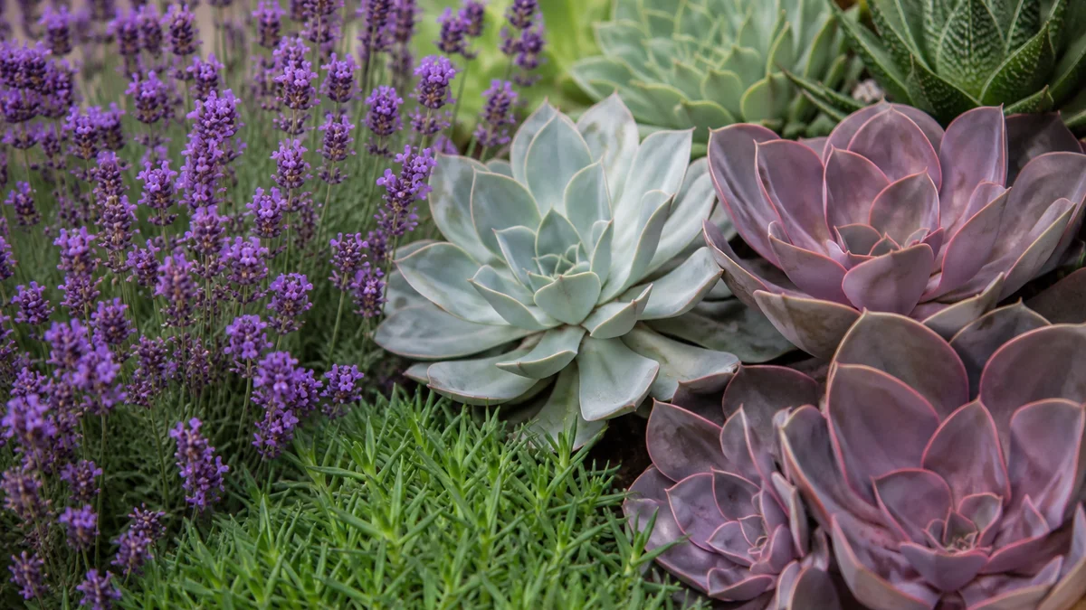 Close-up of succulent and lavender plants in natural light