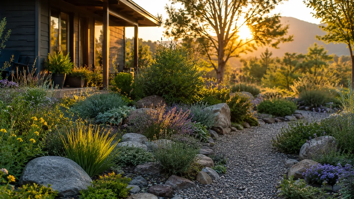 Front yard with rock garden and native plants in golden hour light