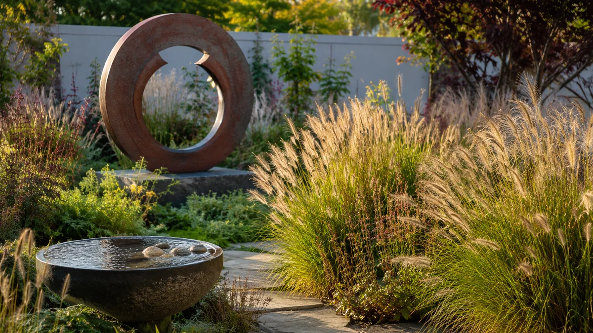 Garden with metal sculpture and bird bath surrounded by grasses